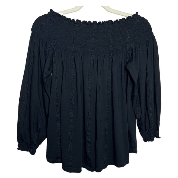 Lauren Ralph Lauren Smocked Embroidered Cotton and Modal Top Black Size Large - Picture 3 of 9